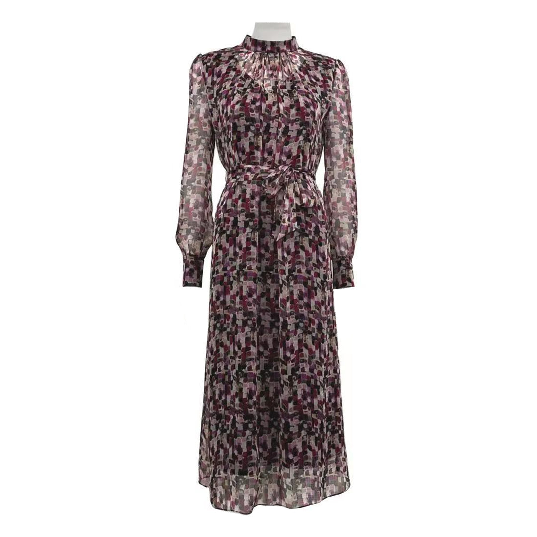 Womens Printed Chiffon Dress With Self-Tie