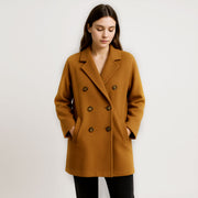 Womens Camel Silk Wool Mid-Length Coat