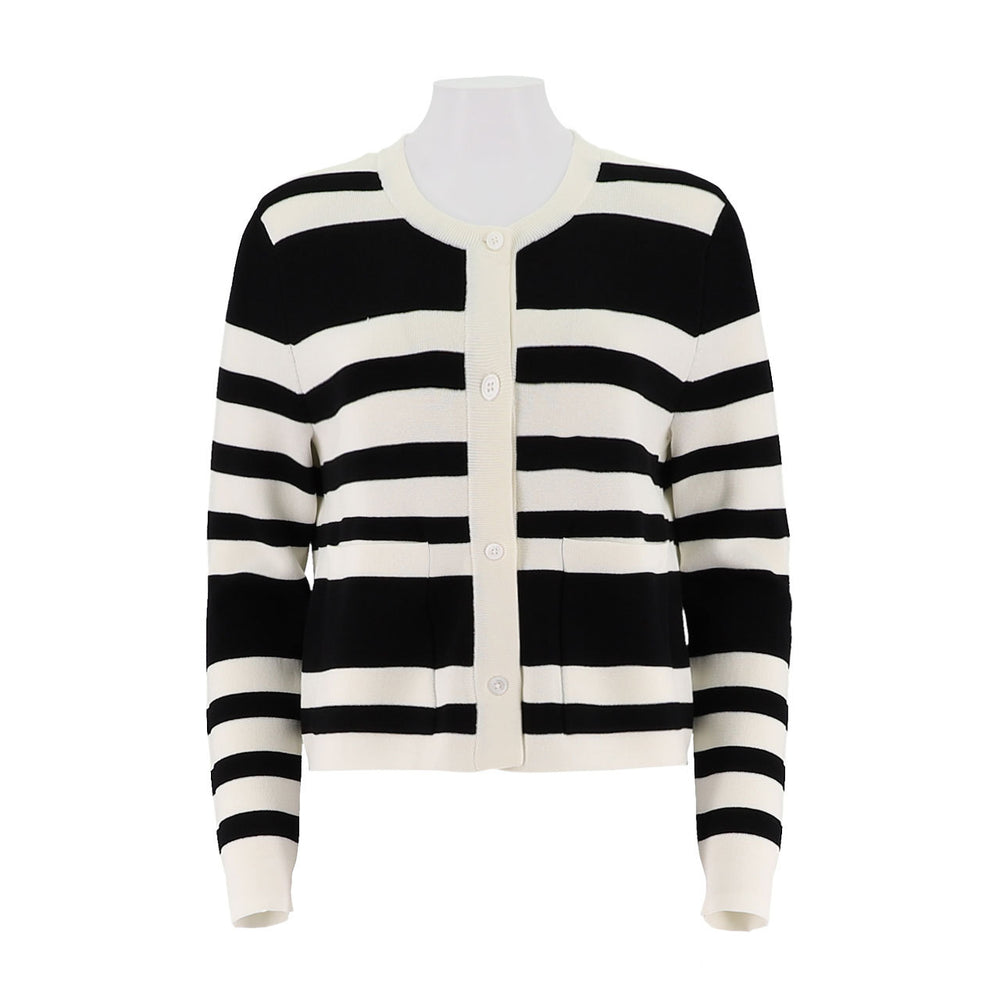 Crew Neck Striped Button Up Cardigan