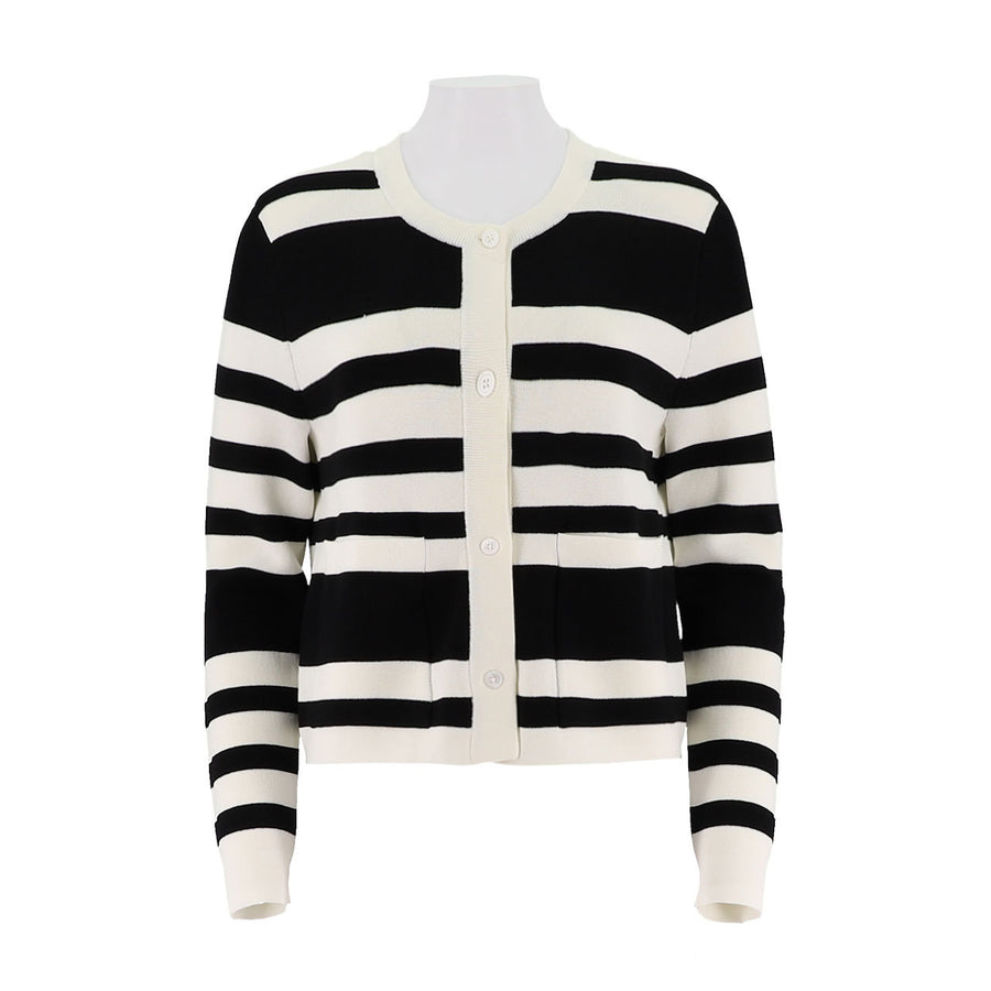 Crew Neck Striped Button Up Cardigan