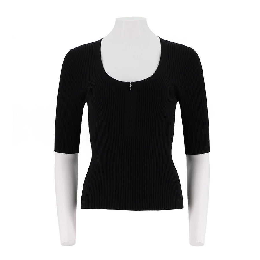 Fitted U-Neck Half Zip Knit Top