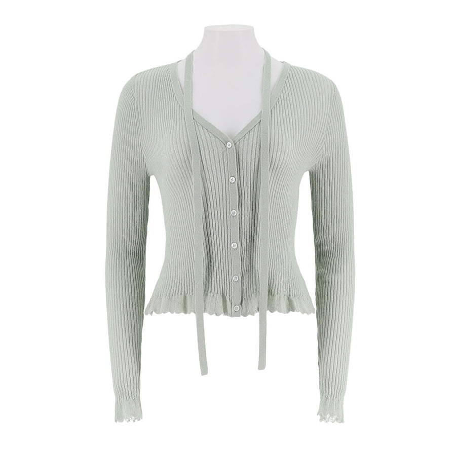 Ribbed Cardigan With Detachable Neck Tie