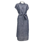 Womens Yarn-Dyed Linen Belted Dress