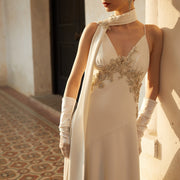 Whisper V-Neck Beaded Stretch Satin Wedding Dress