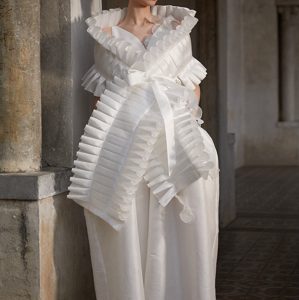 Selene Wide Leg Wedding Jumpsuit With Pleated Shawl