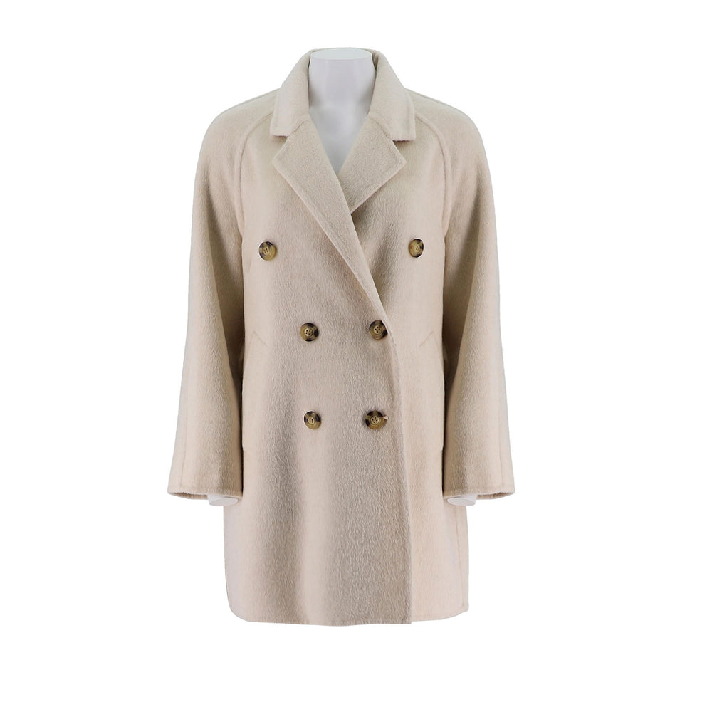 Womens Camel Silk Wool Mid-Length Coat